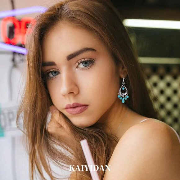 Teardrop Turquoise Tassels Vintage Long Summer Earring for Women Jewelry - Picture 4 of 8